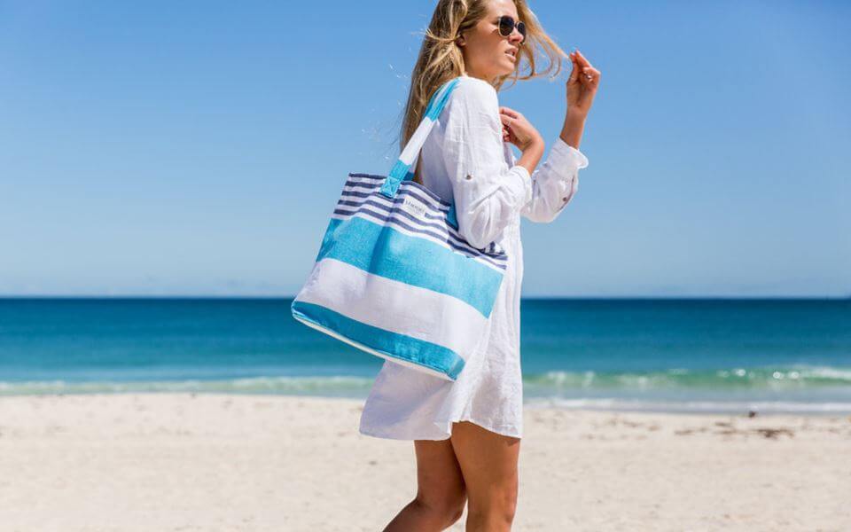 Blue and white striped cheap beach bag