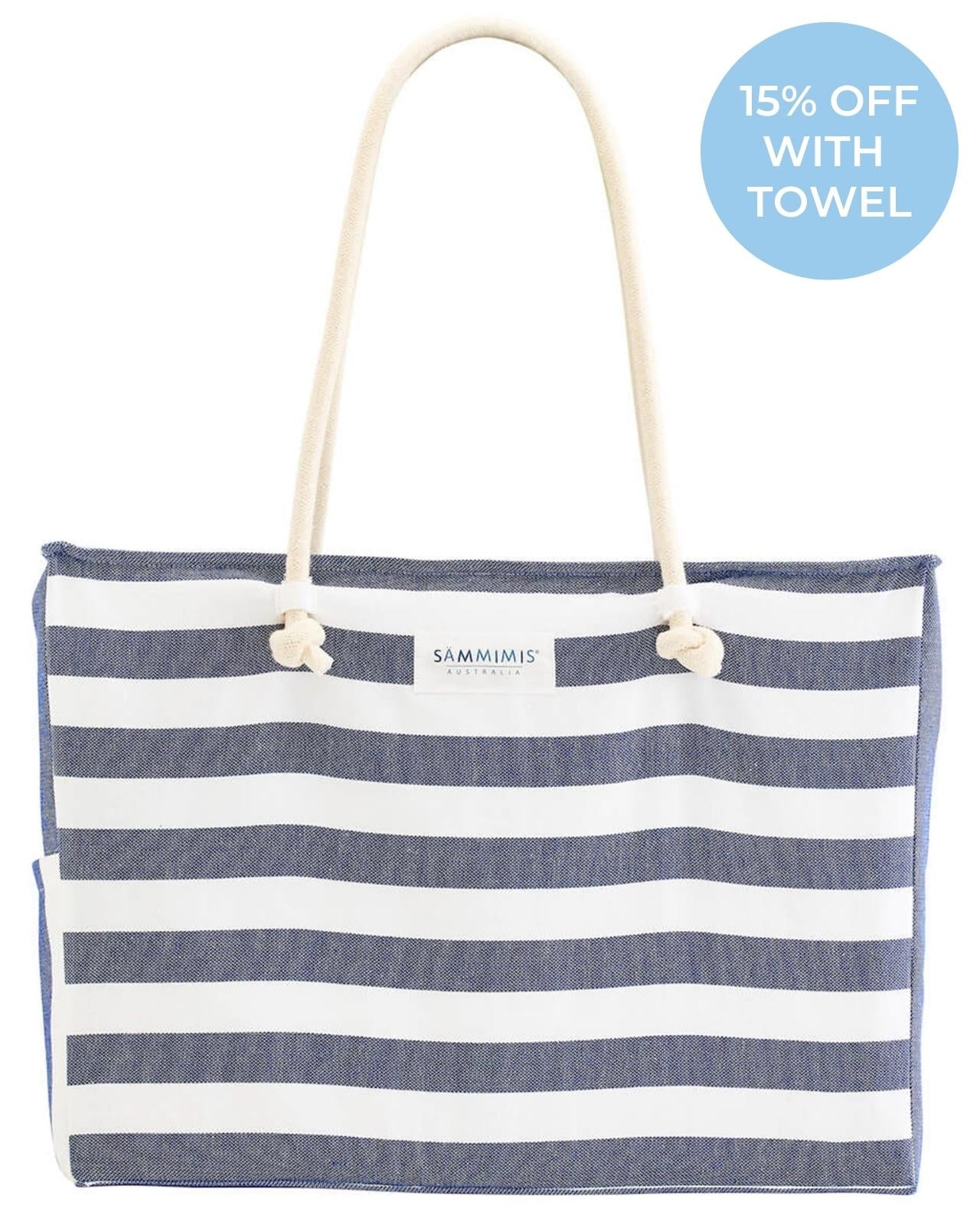 Navy and white beach bag sale